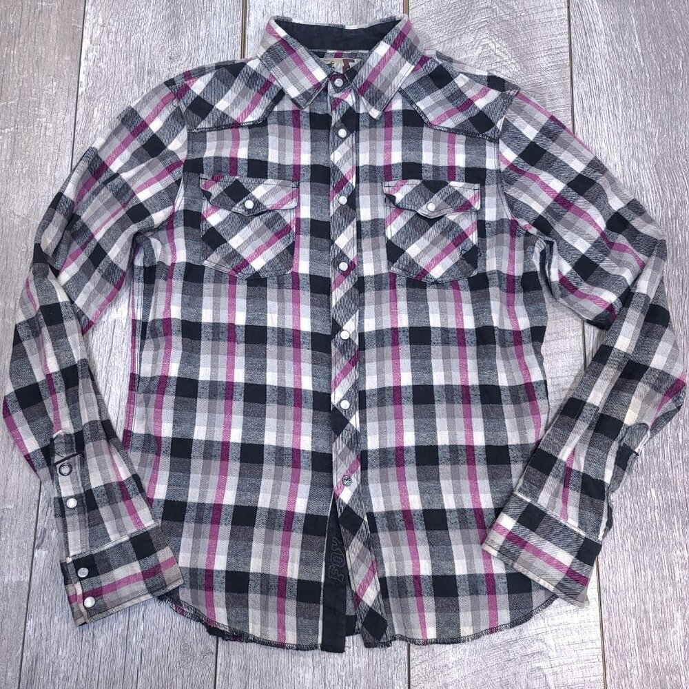 Fox Racing Shirt Womens Medium Pearl Snap Flannel Plaid Motocross Western